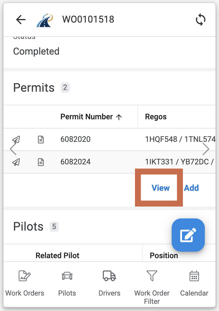 Permits section of a Work Order